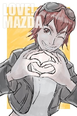 「マツダポーズ」をするサイトオリジナルキャラ「コエル」です。