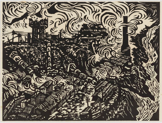 小口一郎《「盤圧に耐えて」より　4. 足尾銅山》1974-75 年　 紙、木版　小口一郎研究会蔵
