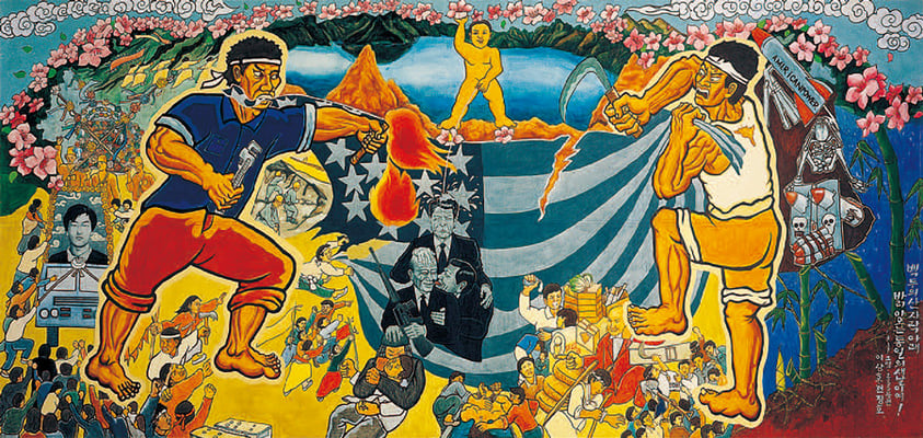 ＜白頭の裾野を染める統一のあけぼのよ＞( キャンバスにアクリル、1987・2005 復元)