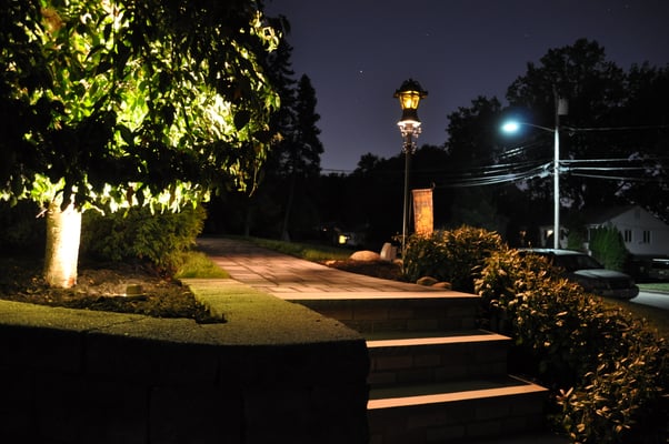 Cherry tree with well light uplighting and lamp post path / area lighting - Emerson, NJ