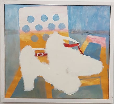 Eva Hradil "Horizont, Sessel, Schuhe" 2023, Eitempera auf Halbkreidegrund auf Leinwand, 45 x 50 cm