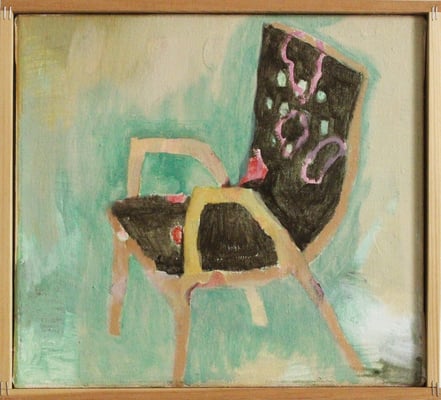 Eva Hradil "Frühlingsessel" 2019/24, Eitempera auf Halbkreidegrund auf Leinwand, 30 x 33 cm