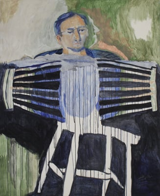 Eva Hradil "Georg mit den Sessellehnenhänden" aus "Musenmelange" 2022, Eitempera auf Halbkreidegrund auf Leinwand, 110 x 90 cm