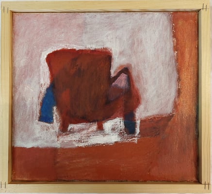 Eva Hradil "Roter Sessel mit blauen Ärmel" 2003, Öl und Eitempera auf Leinwand, 30 x 33 cm