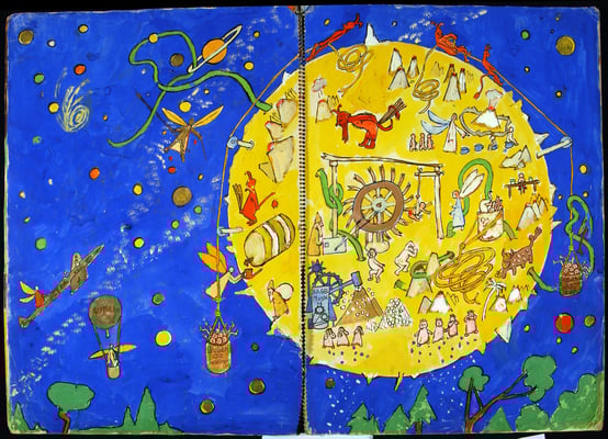 [Anflug auf Planet mit grossem Grünwurm] [Titel der Serie: Bildergeschichte II für die Kinder]