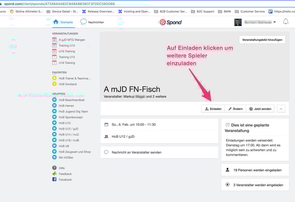 Weitere Spieler einladen zum Kader des Spiels / Veranstaltung