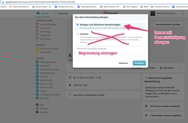 Termin /  Veranstaltung mit Begründung absagen