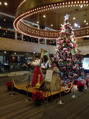 東京会館ロビーにてクリスマス演奏<br>演奏：フルート/井関るみ、ハープ/本田ふみえ