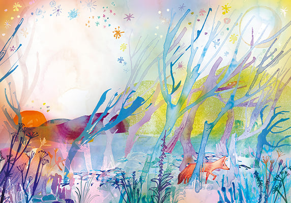 Jill Calder Illustration - Books - "Coorie Doon: A Scottish Lullaby Story" by  Jackie Kay and Jill Calder - Fairy Fox Wood in Shona's Dreams - Walker Books