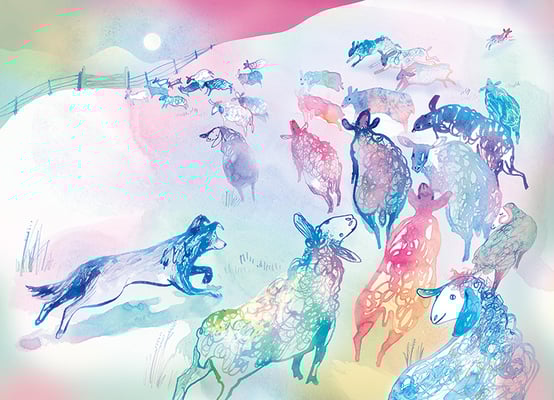 Jill Calder Illustration - Books - "Coorie Doon: A Scottish Lullaby Story" by  Jackie Kay and Jill Calder - Lassie herding the Sheep - Walker Books