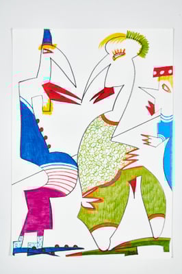 Anita Münz, Der Flirt, Buntsfit / Papier, 21 x 30 cm