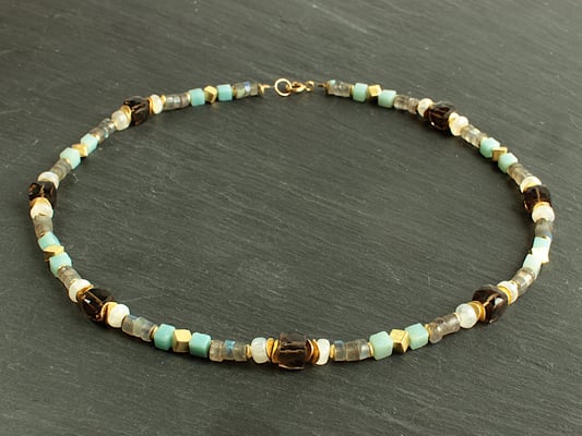 Unikatkette aus Rauchquarz, Mondstein und Amazonit