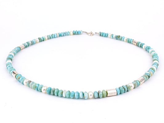 Larimar-Linsenkette, mit Süßwasserzuchtperlen