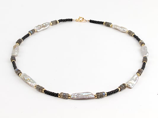 Unikat-Kette aus Hämatit, Labradorit und Keshiperlen