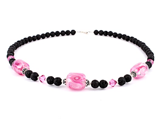 Lavakette mit drei Zylinderperlen in rosa