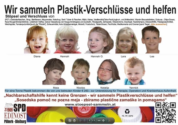  Diese werden an eine Recycling-Firma verkauft, die daraus Granulat zur Produktion von Plastikteilen herstellt. Für 1 Tonne Plastik werden € 260.- ausbezahlt. Kinder mit seltenen Erkrankungen bekommen dadurch Unterstützung für Therapie, Operationen und Kr