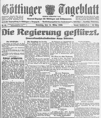 Göttinger Tageblatt, 14.03.1920: Die Regierung gestürzt. StA Göttingen 