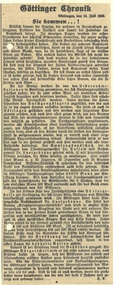 Göttinger Tageblatt,  15. Juli 1919: "Sie kommen". Ankunft des ersten Transports mit Kriegsgefangenen. Stadtarchiv Göttingen 