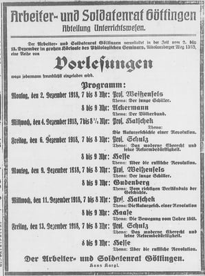 Göttinger Zeitung,  30.11.1918: Arbeiter- und Soldatenrat: Programm der Volksvorlesungen für den Dezember. StA Göttingen 