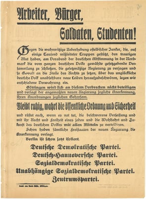 Aufruf nach 13.03.1920: Göttingens politische Parteien verurteilen den Kapp-Lüttwitz-Putsch. Unterzeichnet haben die Parteien, die der neuen Republik positiv gegenüberstehen. Nach dem Putsch in Berlin bilden sie in einem gemeinsamen Ausschuss. StA Gö