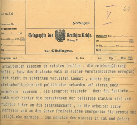 Telegramm der Reichsregierung vom 24. Juni 1922 anlässlich der Ermordung Walter Rathenaus, S. 5. StA Göttingen