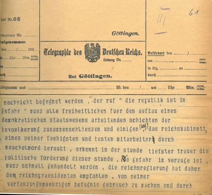 Telegramm der Reichsregierung vom 24. Juni 1922 anlässlich der Ermordung Walter Rathenaus, S. 3. StA Göttingen