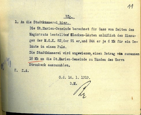 St. Marien-Gemeinde an Magistrat: Rechnung,  14. Januar 1919. StA Göttingen 