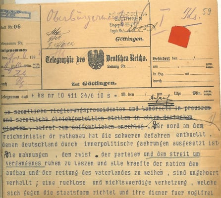 Telegramm der Reichsregierung vom 24. Juni 1922 anlässlich der Ermordung Walter Rathenaus, S. 1. StA Göttingen 