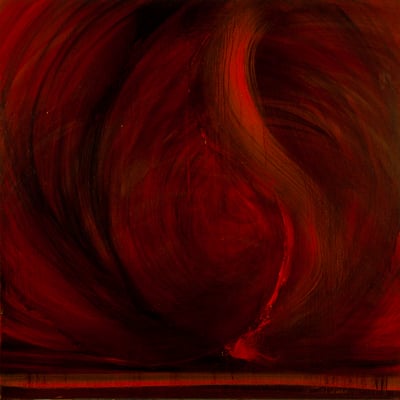 Corine_S_Congiu-2010-12, Huile_sur_toile, 100X100cm : Anne-Marie Dédebant : Rideau de scène / Jeanne-Marie Delpias-Bono : Tunnel en feu / Marcello Johannes de Caliaro : Silhouette au fond de tunnel / Catherine Romano:  Drapé