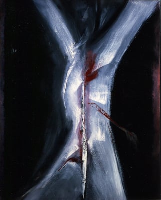 Corine_S_Congiu-1988-huile sur toile-116x89 cm-Delphine Bernard:  Bœuf écorché revisité / Sonia Devi : X-Ray /Perrotin Dominique : Fracture / Catherine Romano : Une personne écartelée avec le cœur qui saigne