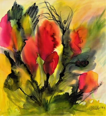 Hanne Ness  Titel: Mohnblumen, Technik: Malerei auf Seide, 1998, Format: 60 cm x 58 cm 