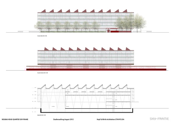 Hopf & Wirth Architekten ETH HTL SIA Winterthur, Wettbewerb Head Quarter Sky-Frame AG, Frauenfeld, Fassaden, Schnitt