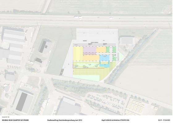 Hopf & Wirth Architekten ETH HTL SIA Winterthur, Wettbewerb Head Quarter Sky-Frame AG, Frauenfeld, 1. Stufe Situation Erdgeschoss
