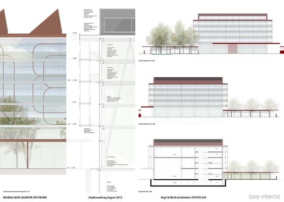 Hopf & Wirth Architekten ETH HTL SIA Winterthur, Wettbewerb Head Quarter Sky-Frame AG, Frauenfeld, Fassaden, Schnitte Konstruktion