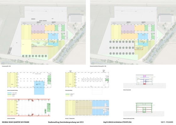 Hopf & Wirth Architekten ETH HTL SIA Winterthur, Wettbewerb Head Quarter Sky-Frame AG, Frauenfeld, 1. Stufe Schemen