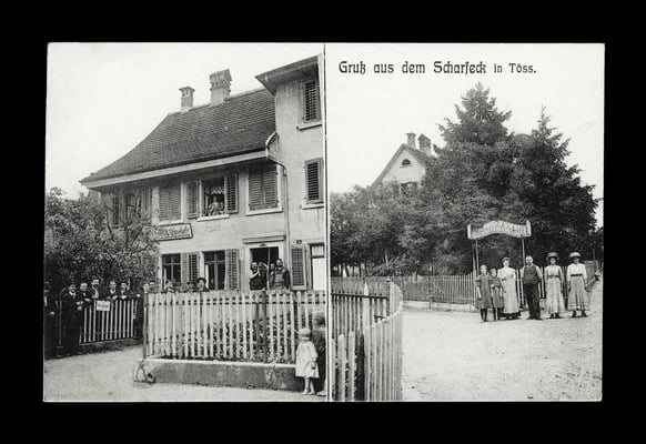 Fotografie vor 1911,     Restaurant Scharfeck - Ecke Freiestrasse/Klosterstrasse (abgebrochen - heute Kletterhalle)