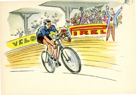 Pirelli promotional postcard with Fausto Coppi ©Fondazione Pirelli