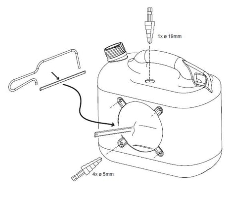 Löcher in den Kanister schneiden. Statt der Säge tut es auch eine elektrische Stichsäge