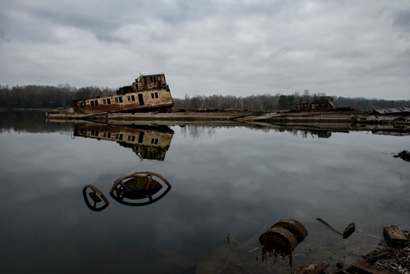 Sunk ships in the Chernobyl river port. Chernobyl Exclusion Zone.
