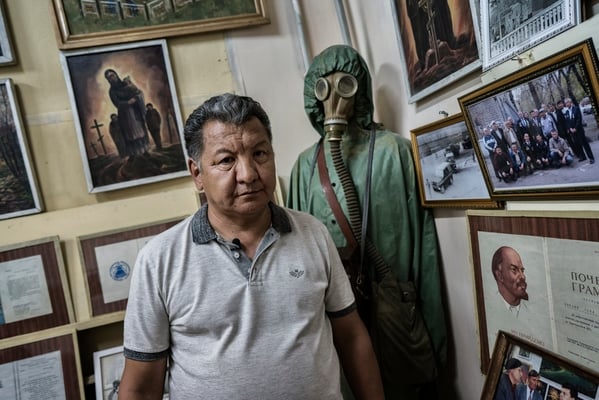 Soviet Kaisanov in the museum dedicated to the liquidators of Chernobyl in Semey. After the Chernobyl accident the Soviet Union sent the army from all the country to Chernobyl to contain the accident. From Kazakhstan 60 thousands soldiers were sent. 