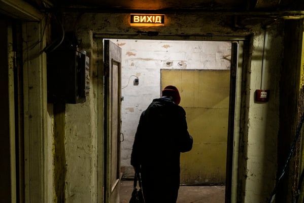 Oksana as she exits the bunker at the end of the Russian air strikes on the capital Kyiv