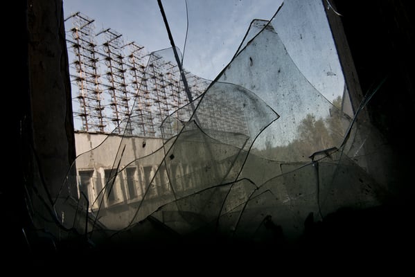 The military antenna Duga 3 is a huge radar antenna 150 meters high for 500 meters in length with buildings appurtenances and was part of the anti-missile defense system that would intercept any missiles from the USA. Chernobyl Exclusion Zone.