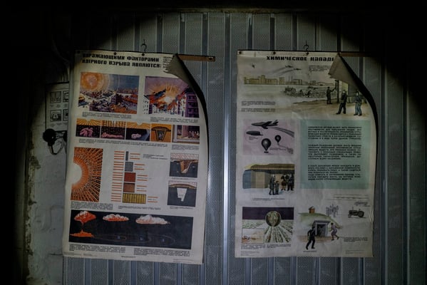 Soviet-era posters explaining how to deal with a nuclear attack.