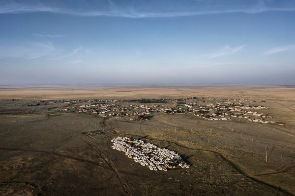 In the foreground the cemetery of the village of Znamenka. The cemetery is very large for a village of 2000 inhabitants. This is due to the high cancer mortality rate due to the polygon.