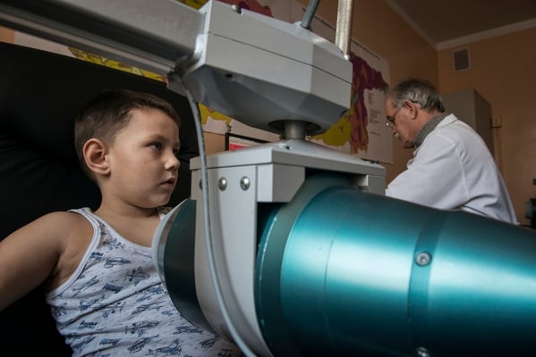 Igor is checked with the spectrophotometer for internal contamination in the local hospital in Ivankov. The province of Ivankov, on the border of the Chernobyl exclusion zone, is very high contaminated.