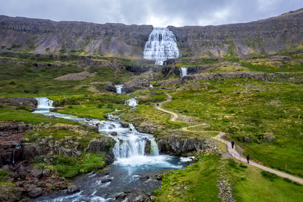 Iceland. The Dynjandi waterfall, situated in the Fjords region in the northwest. The waterfall is composed of a series of seven drops and has a total height of 100 metres.