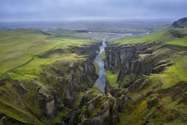 Iceland. Fjaðrárgljúfur canyon, 100 metres deep and 2km long, is traversed by the Fjaðrá River and is situated in the south eastern part of the island.