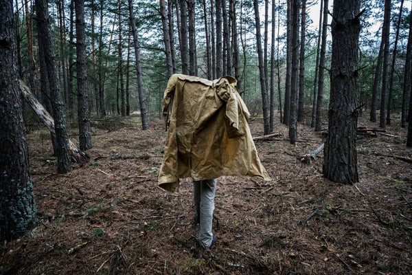 Sasha walking in the contaminated forest of the Chernobyl exclusion zone, on the way to the ghost town of Pripyat