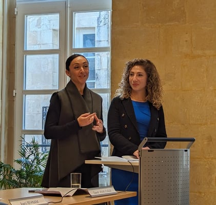 Ms Iona Muscat and Manar Shibly delivering a message on behalf of Class of 2023