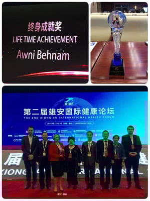 TOP: Lifetime Achievement Award presented to Dr. Awni Behnam, Honorary President of IOI. BOTTOM: L - R: P Leder, Mao B, A Vassallo, Qin L, Lu H, C Virapat, P Virapat, C Chivu. Photo Credits: IOI HQ